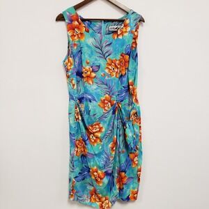 Sunshine Starshine Vtg Hawaiian Dress Size 12 Rayon Midi Ruched Sleeveless Vaca